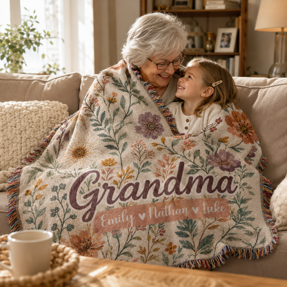 Personalized Grandma Wildflower Woven Blanket – Custom Grandkids Names Gift