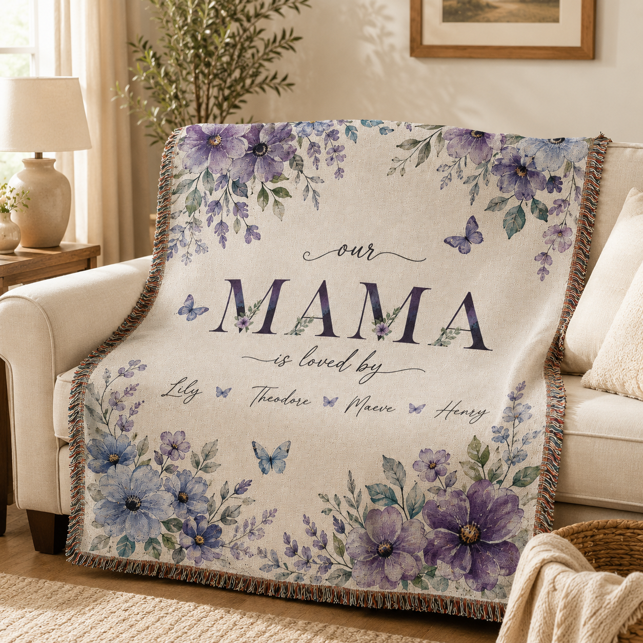 Personalized Mama Woven Blanket With Kids Names – Custom Floral Mother’s Day Throw Blanket