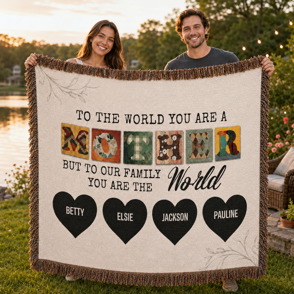 Personalized Woven Blanket for Mom with Kids Names – Custom Mother’s Day Family Throw Blanket, Gift for Mom, Mama, Grandma