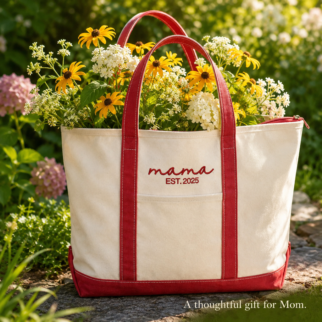 Personalized Zipped Canvas Tote Bag – Custom Name Embroidered Beach Bag Gift for Mom