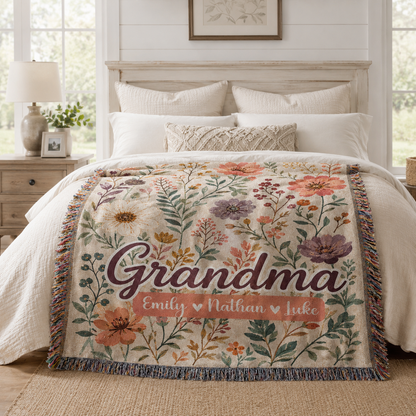 Personalized Grandma Wildflower Woven Blanket – Custom Grandkids Names Gift