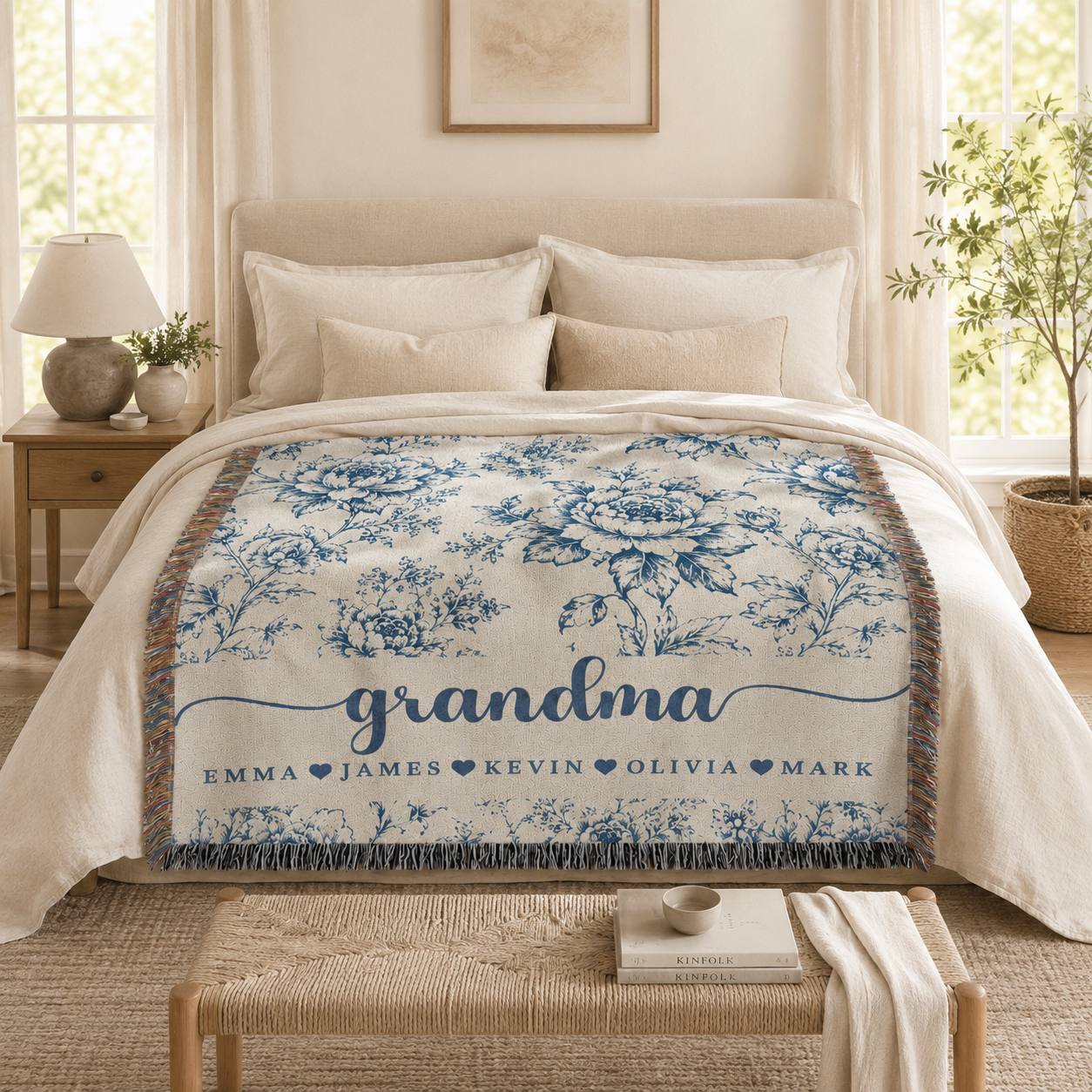 Personalized Grandma Woven Blanket With Grandkids Names, Custom Blue Floral Throw Blanket Gift