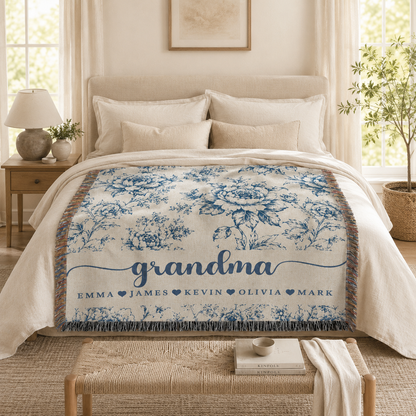 Personalized Grandma Woven Blanket With Grandkids Names, Custom Blue Floral Throw Blanket Gift