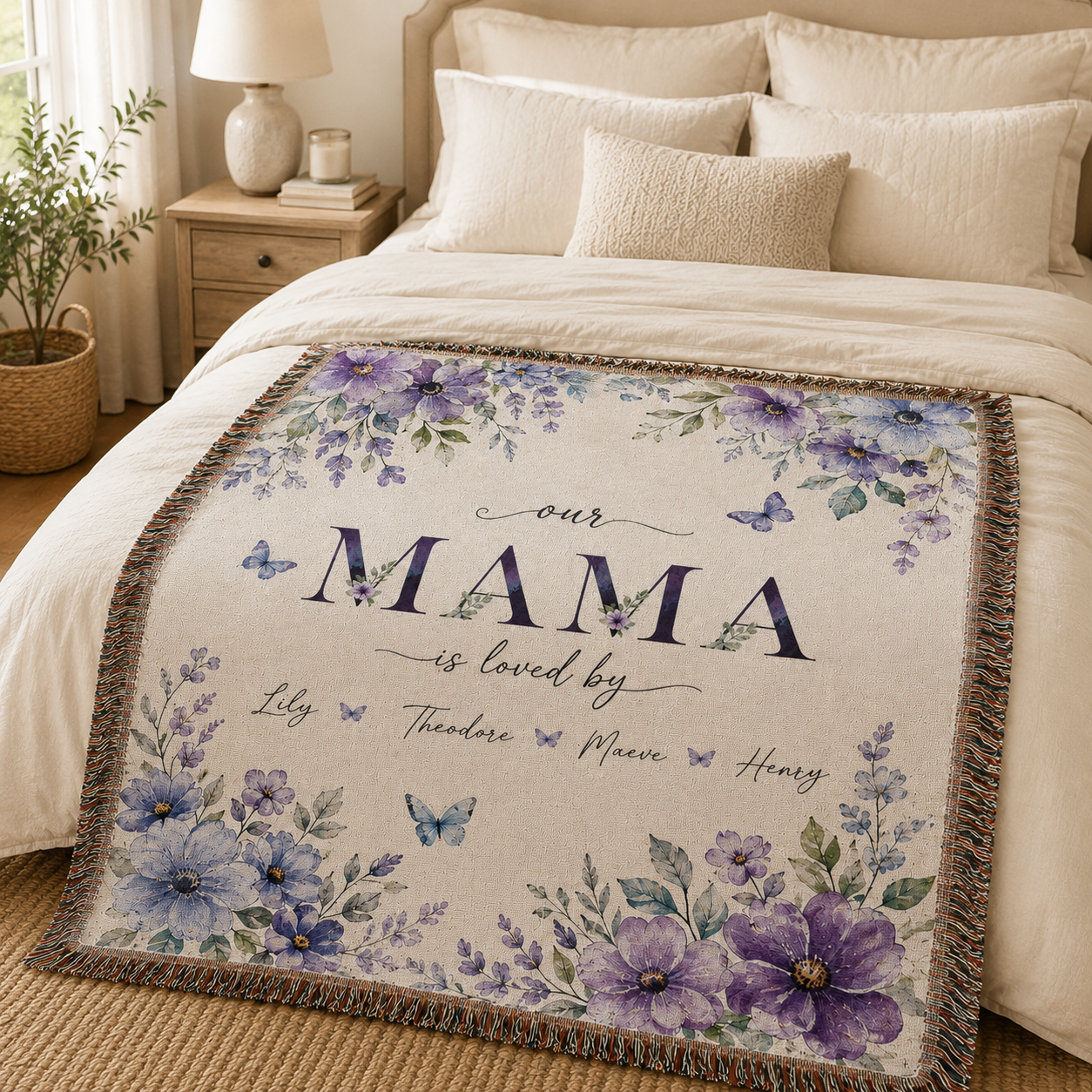 Personalized Mama Woven Blanket With Kids Names – Custom Floral Mother’s Day Throw Blanket
