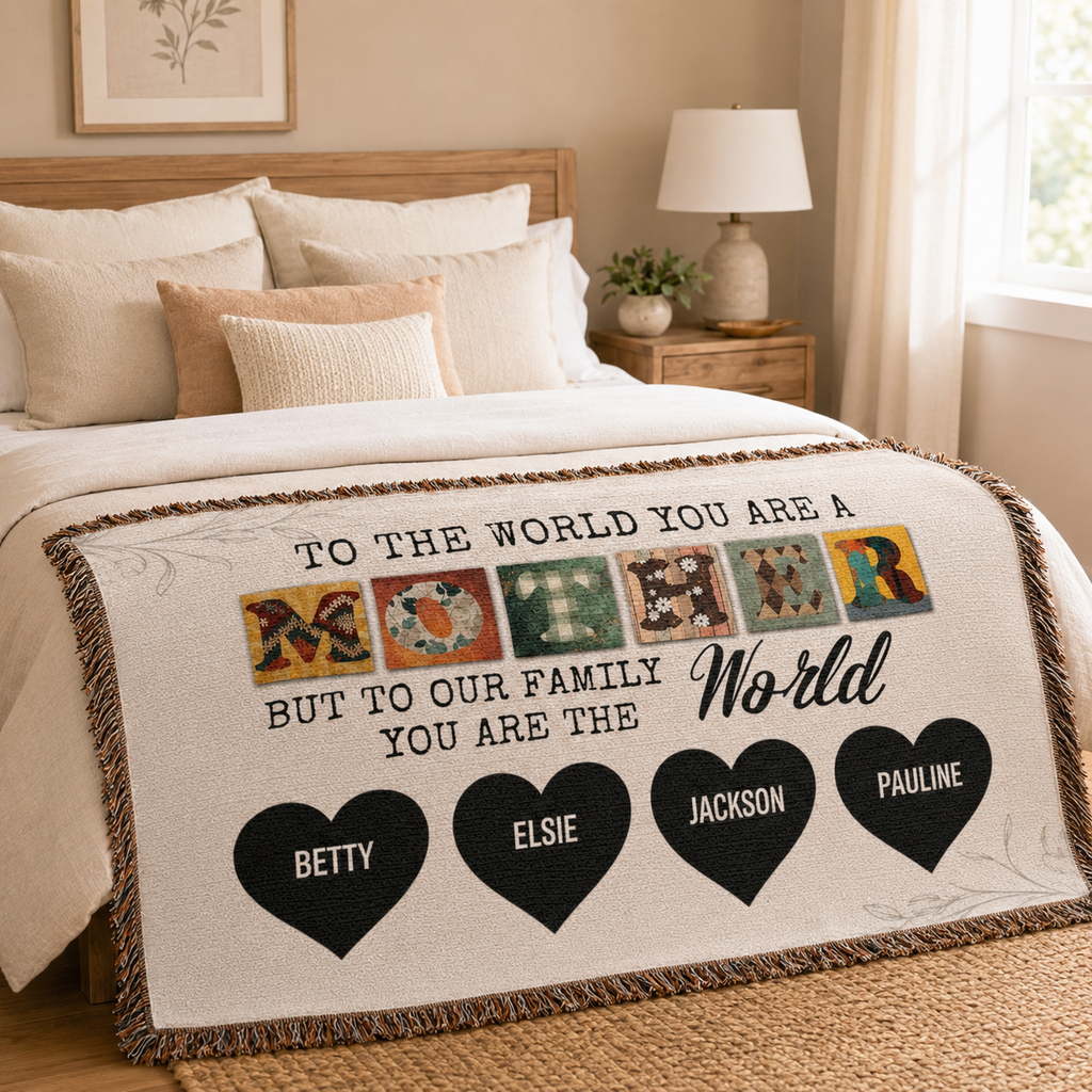Personalized Woven Blanket for Mom with Kids Names – Custom Mother’s Day Family Throw Blanket, Gift for Mom, Mama, Grandma