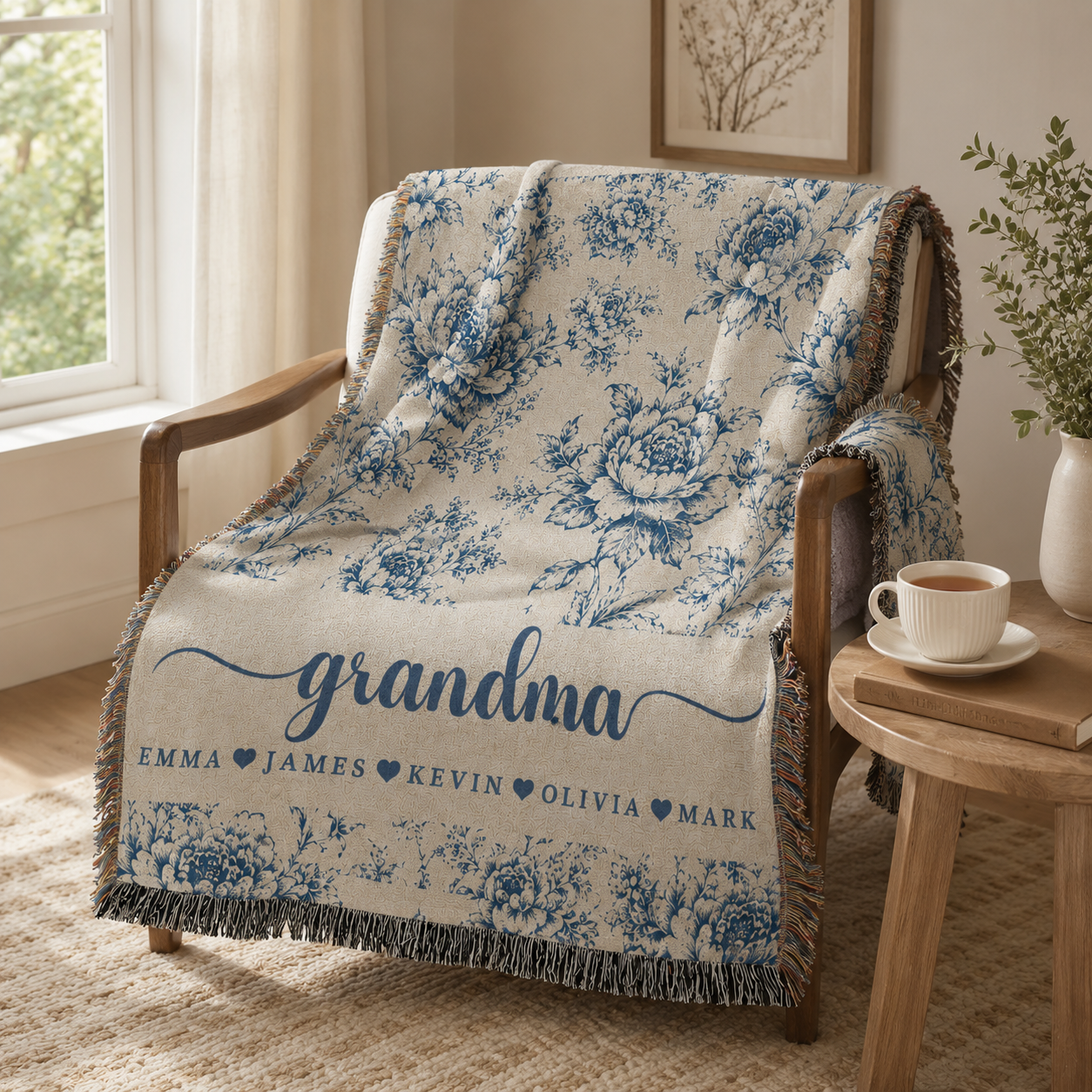 Personalized Grandma Woven Blanket With Grandkids Names, Custom Blue Floral Throw Blanket Gift