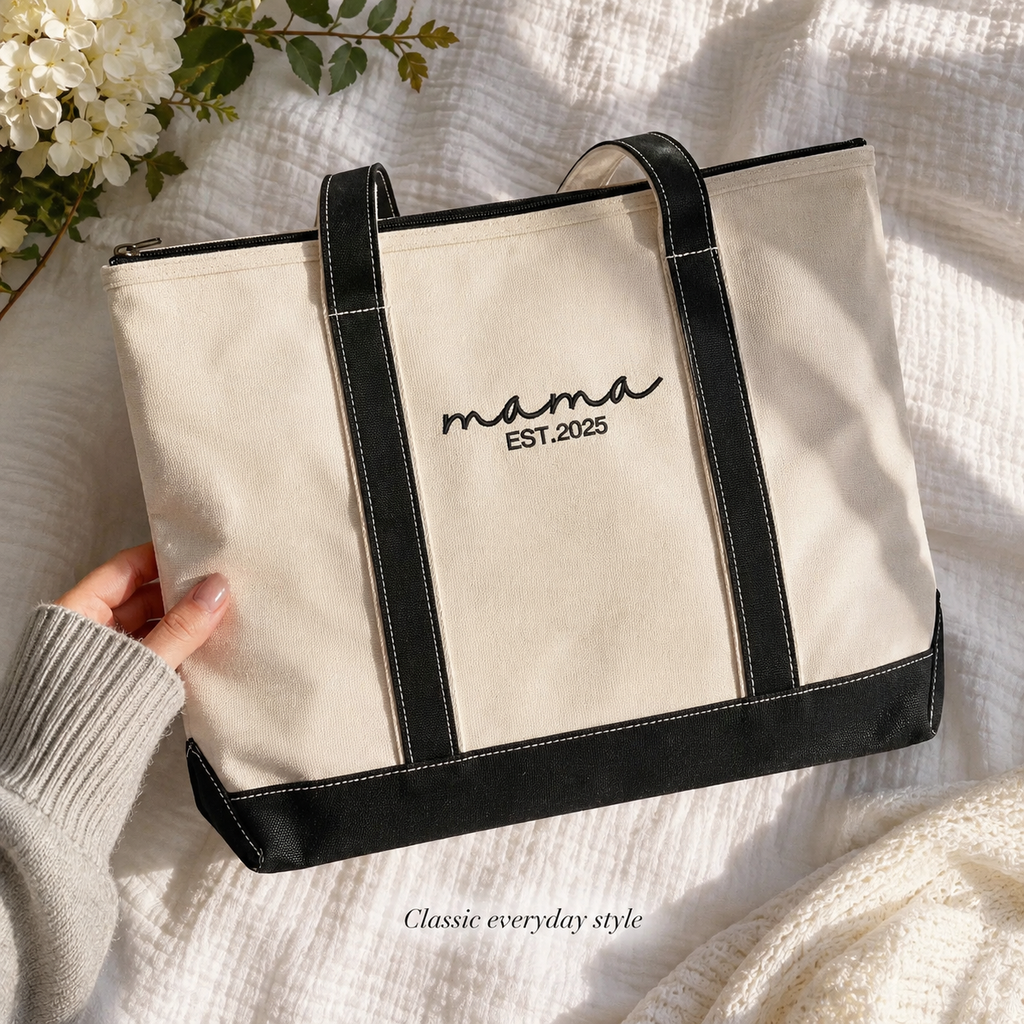 Personalized Zipped Canvas Tote Bag – Custom Name Embroidered Beach Bag Gift for Mom