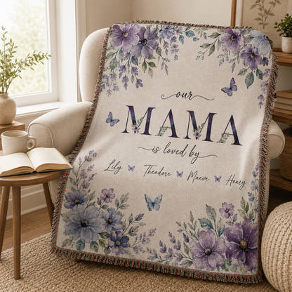 Personalized Mama Woven Blanket With Kids Names – Custom Floral Mother’s Day Throw Blanket