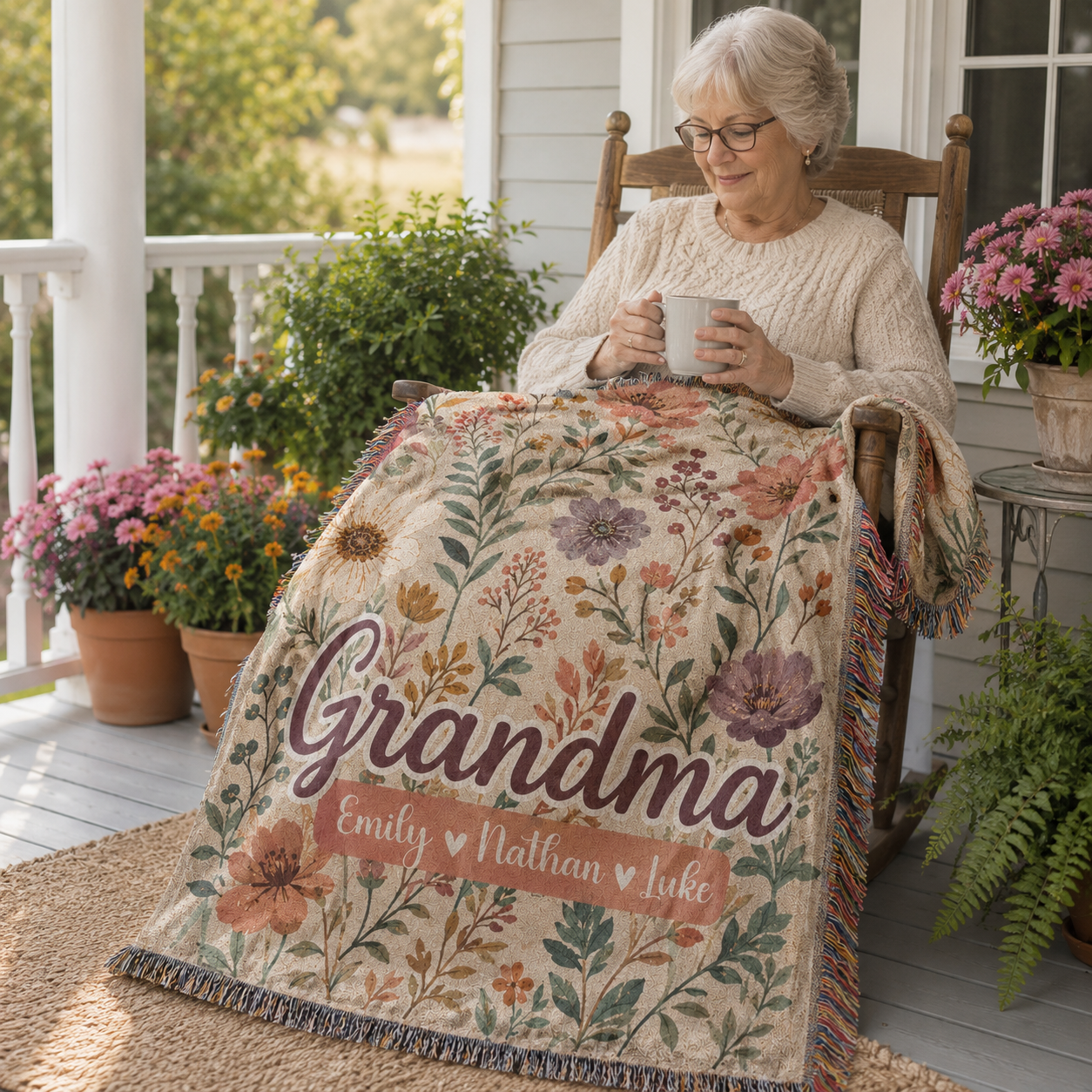 Personalized Grandma Wildflower Woven Blanket – Custom Grandkids Names Gift