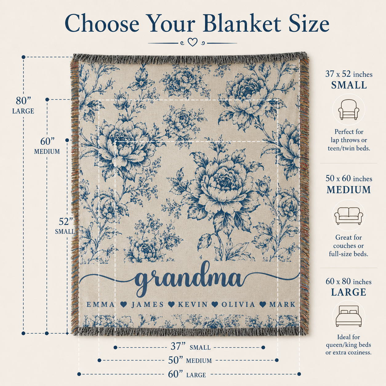 Personalized Grandma Woven Blanket With Grandkids Names, Custom Blue Floral Throw Blanket Gift