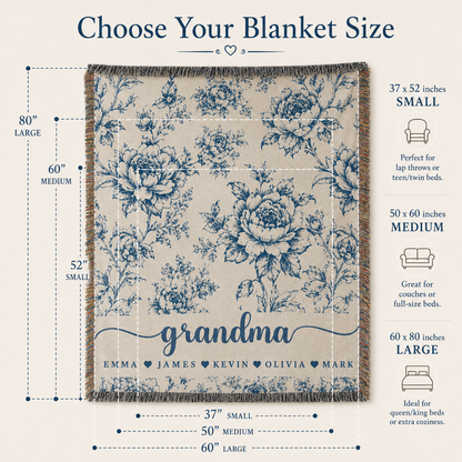 Personalized Grandma Woven Blanket With Grandkids Names, Custom Blue Floral Throw Blanket Gift