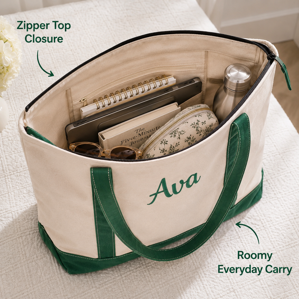 Personalized Zipped Canvas Tote Bag – Custom Name Embroidered Beach Bag Gift for Mom