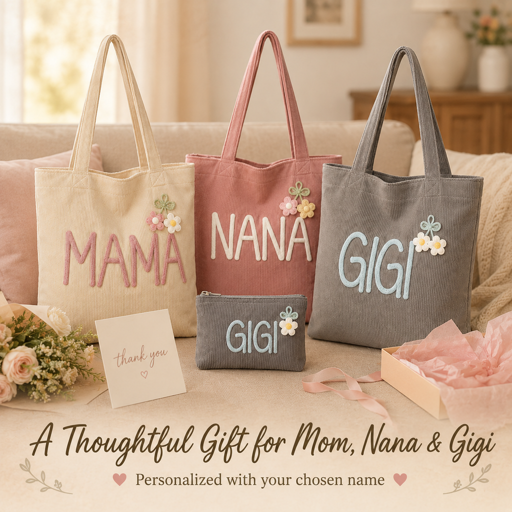 Personalized Corduroy Tote Bag, Custom Name Tote Bag with Crochet Flower, Gift for Mom