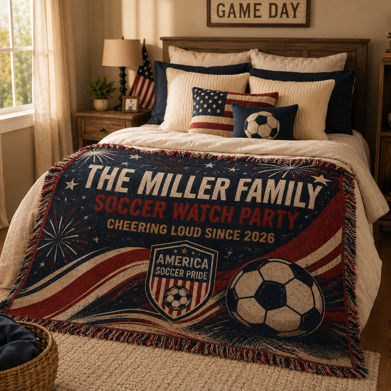 Personalized USA Soccer Victory Woven Blanket, Custom Family Name America Soccer