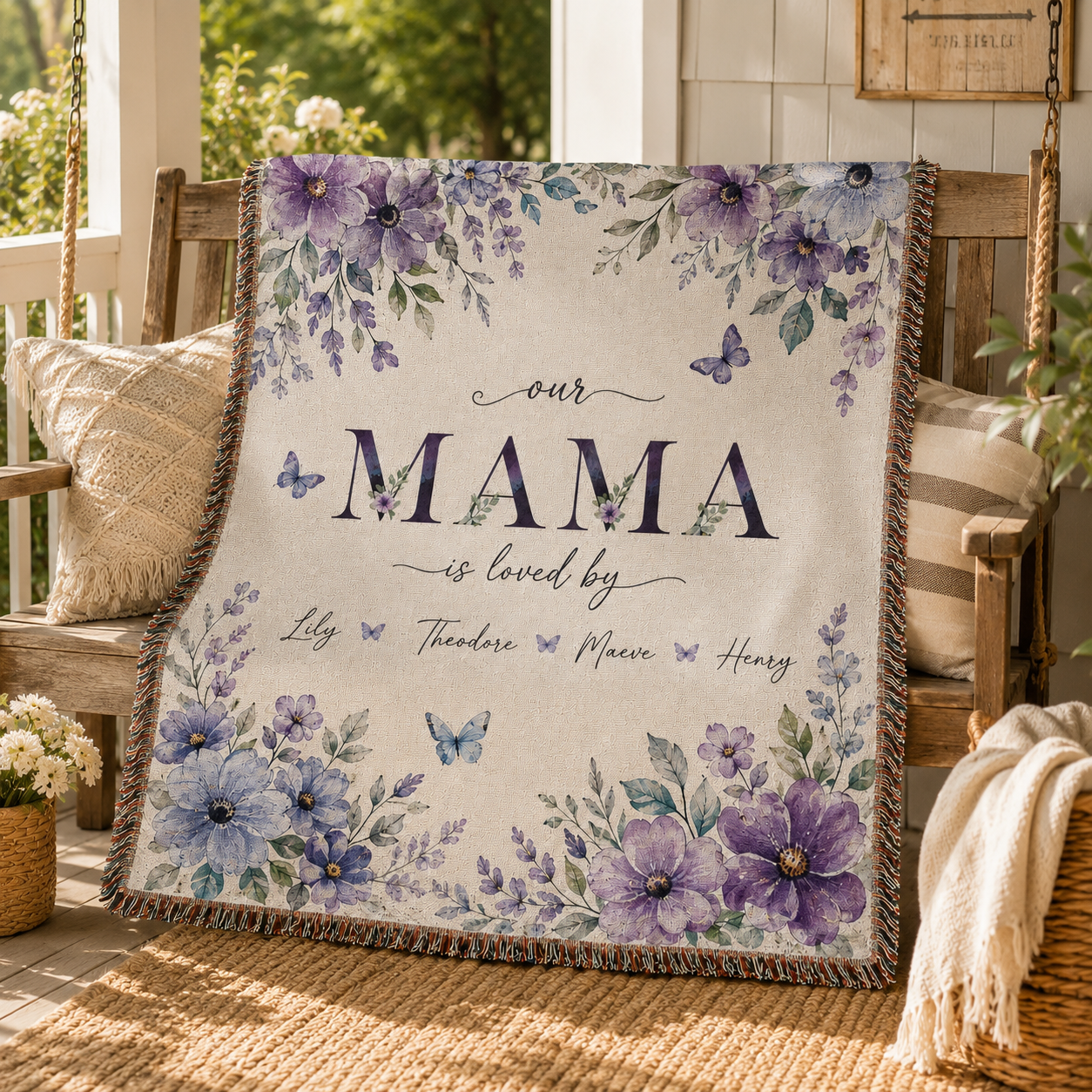 Personalized Mama Woven Blanket With Kids Names – Custom Floral Mother’s Day Throw Blanket