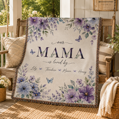Personalized Mama Woven Blanket With Kids Names – Custom Floral Mother’s Day Throw Blanket