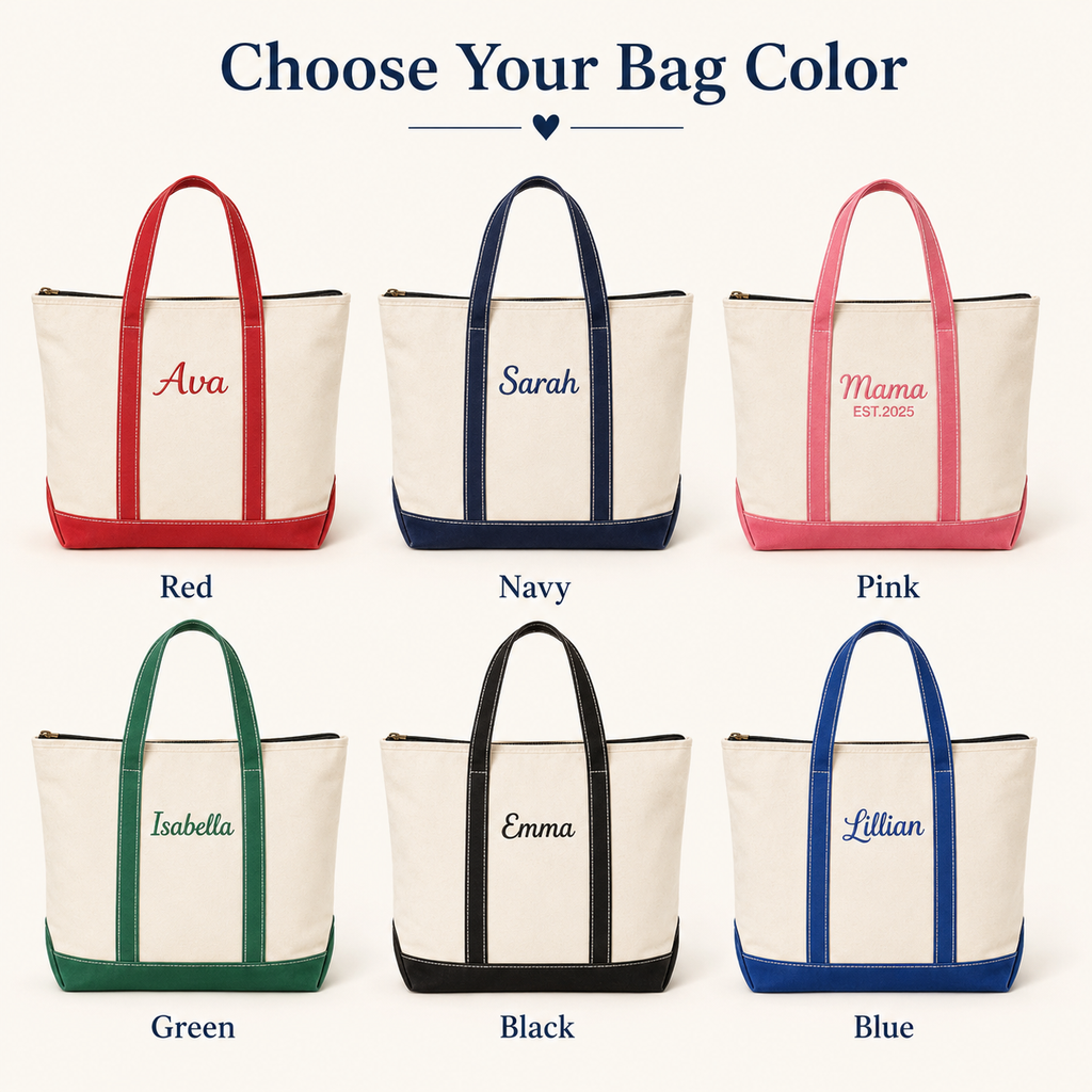 Personalized Zipped Canvas Tote Bag – Custom Name Embroidered Beach Bag Gift for Mom