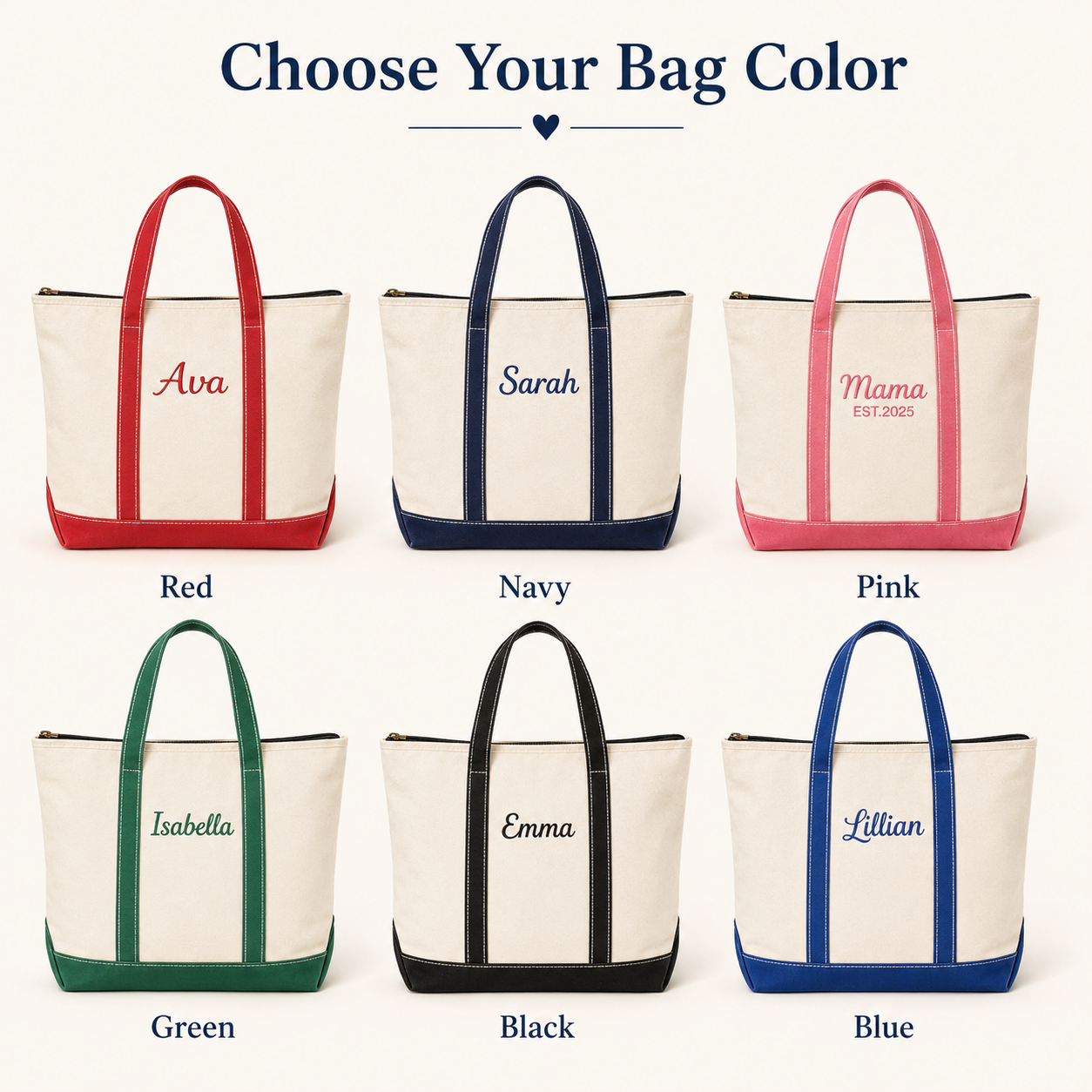 Personalized Zipped Canvas Tote Bag – Custom Name Embroidered Beach Bag Gift for Mom