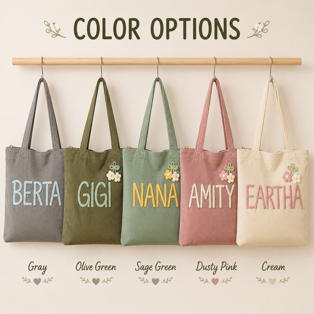 Personalized Corduroy Tote Bag, Custom Name Tote Bag with Crochet Flower, Gift for Mom
