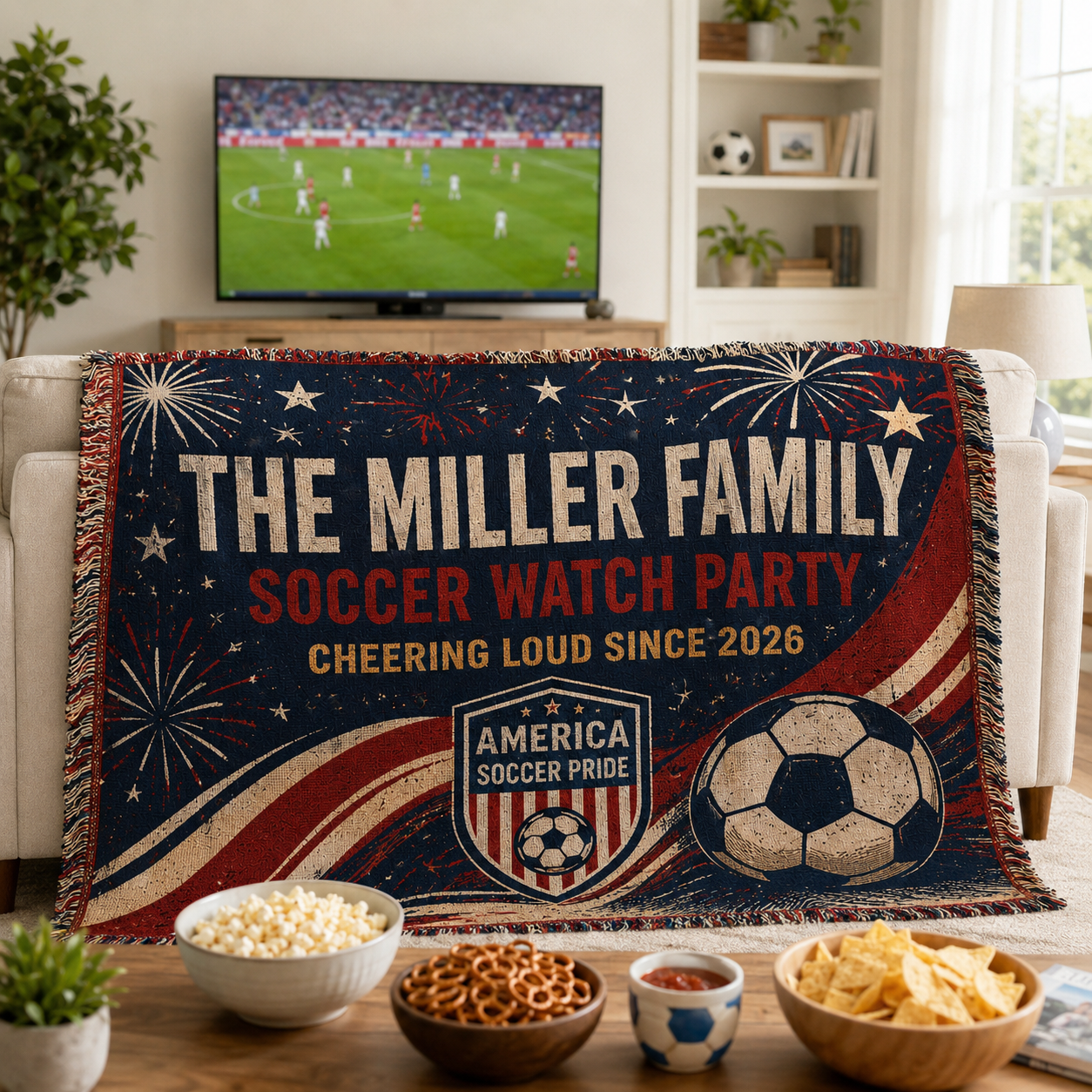 Personalized USA Soccer Victory Woven Blanket, Custom Family Name America Soccer
