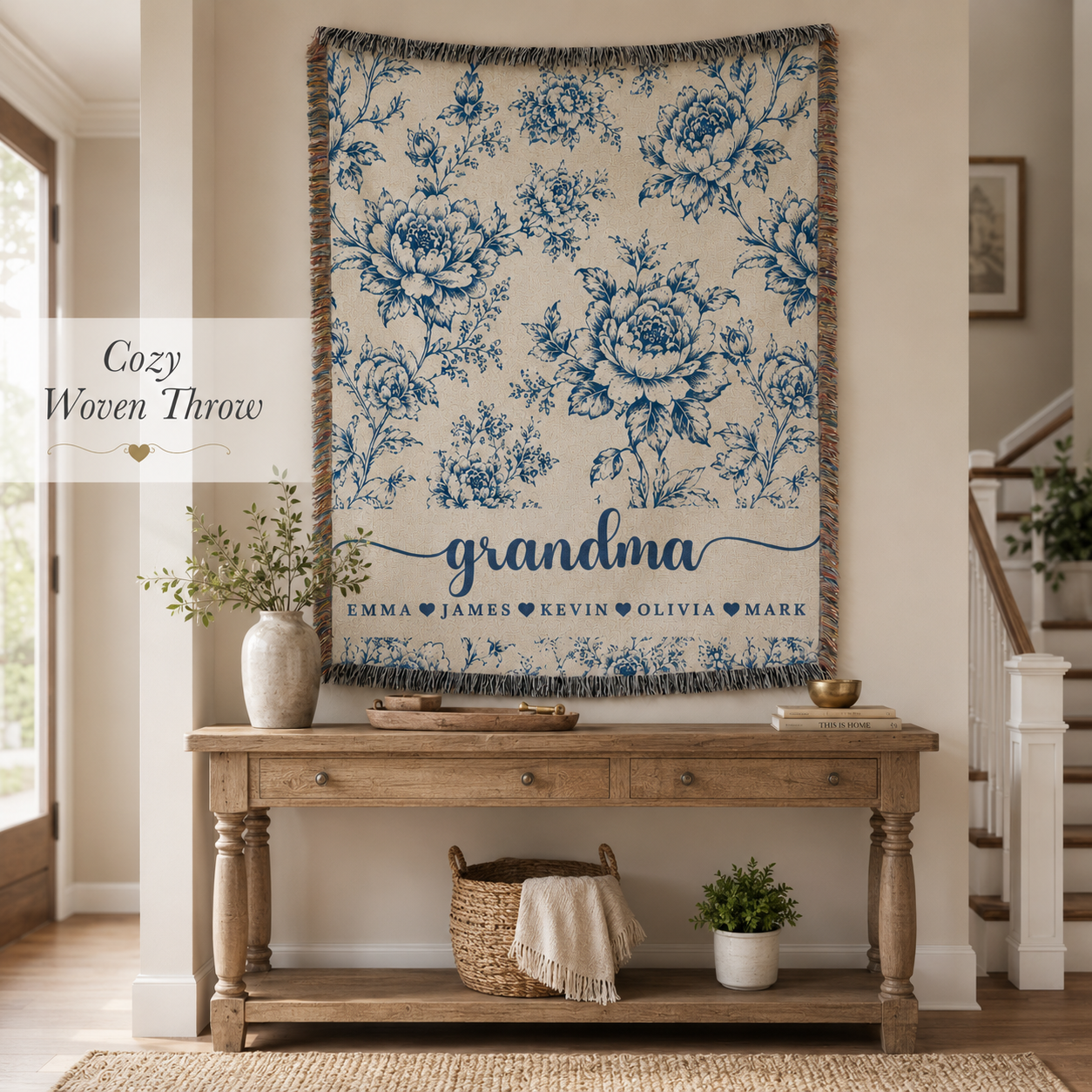 Personalized Grandma Woven Blanket With Grandkids Names, Custom Blue Floral Throw Blanket Gift