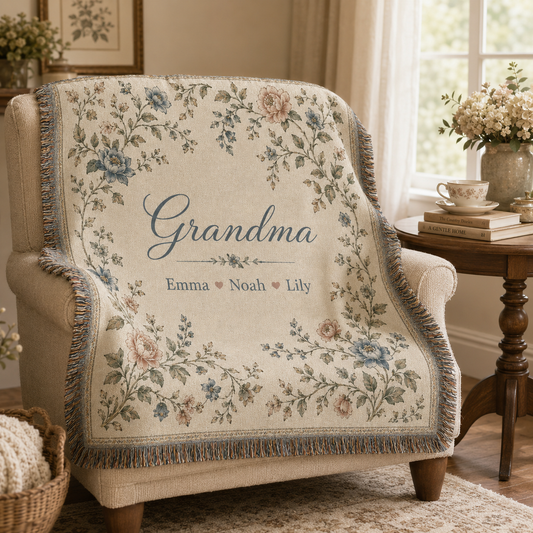 Personalized Grandma Floral Woven Blanket, Custom Grandkids Names Vintage Botanical Throw