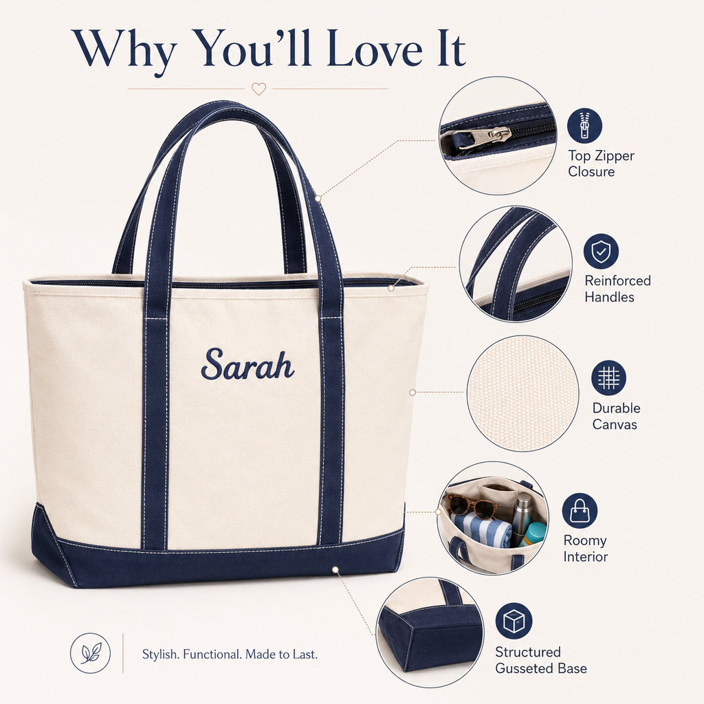 Personalized Zipped Canvas Tote Bag – Custom Name Embroidered Beach Bag Gift for Mom