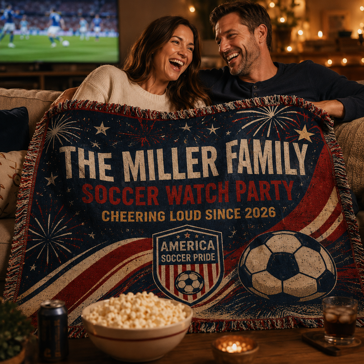 Personalized USA Soccer Victory Woven Blanket, Custom Family Name America Soccer