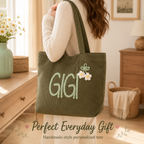 Personalized Corduroy Tote Bag, Custom Name Tote Bag with Crochet Flower, Gift for Mom