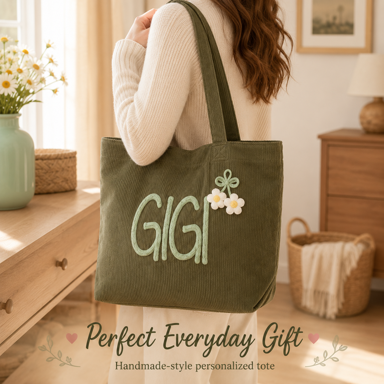 Personalized Corduroy Tote Bag, Custom Name Tote Bag with Crochet Flower, Gift for Mom