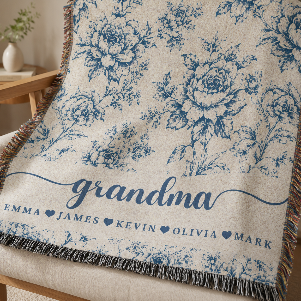 Personalized Grandma Woven Blanket With Grandkids Names, Custom Blue Floral Throw Blanket Gift