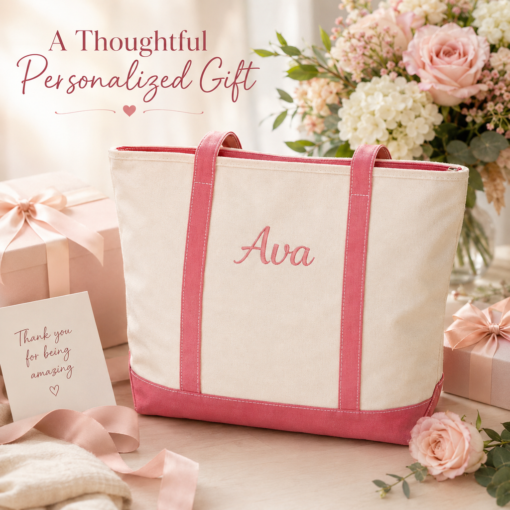 Personalized Zipped Canvas Tote Bag – Custom Name Embroidered Beach Bag Gift for Mom