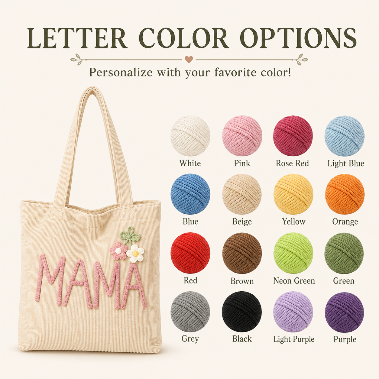Personalized Corduroy Tote Bag, Custom Name Tote Bag with Crochet Flower, Gift for Mom