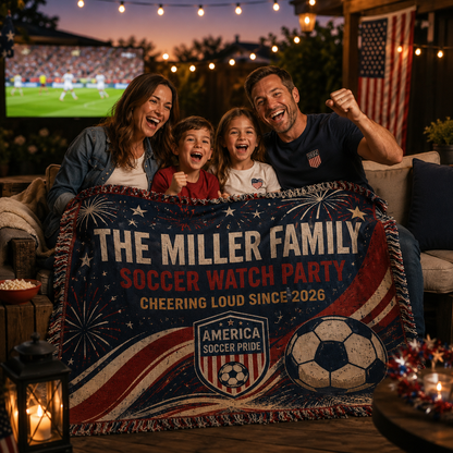 Personalized USA Soccer Victory Woven Blanket, Custom Family Name America Soccer
