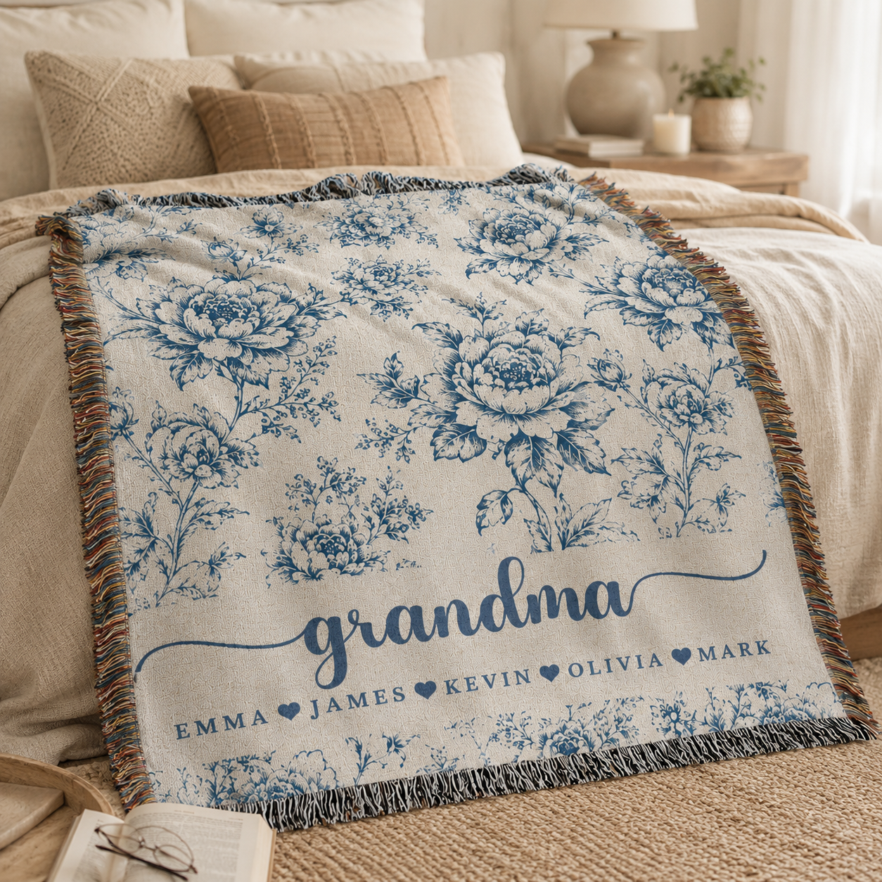 Personalized Grandma Woven Blanket With Grandkids Names, Custom Blue Floral Throw Blanket Gift