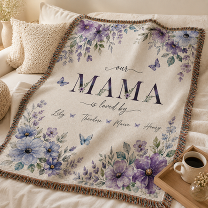 Personalized Mama Woven Blanket With Kids Names – Custom Floral Mother’s Day Throw Blanket