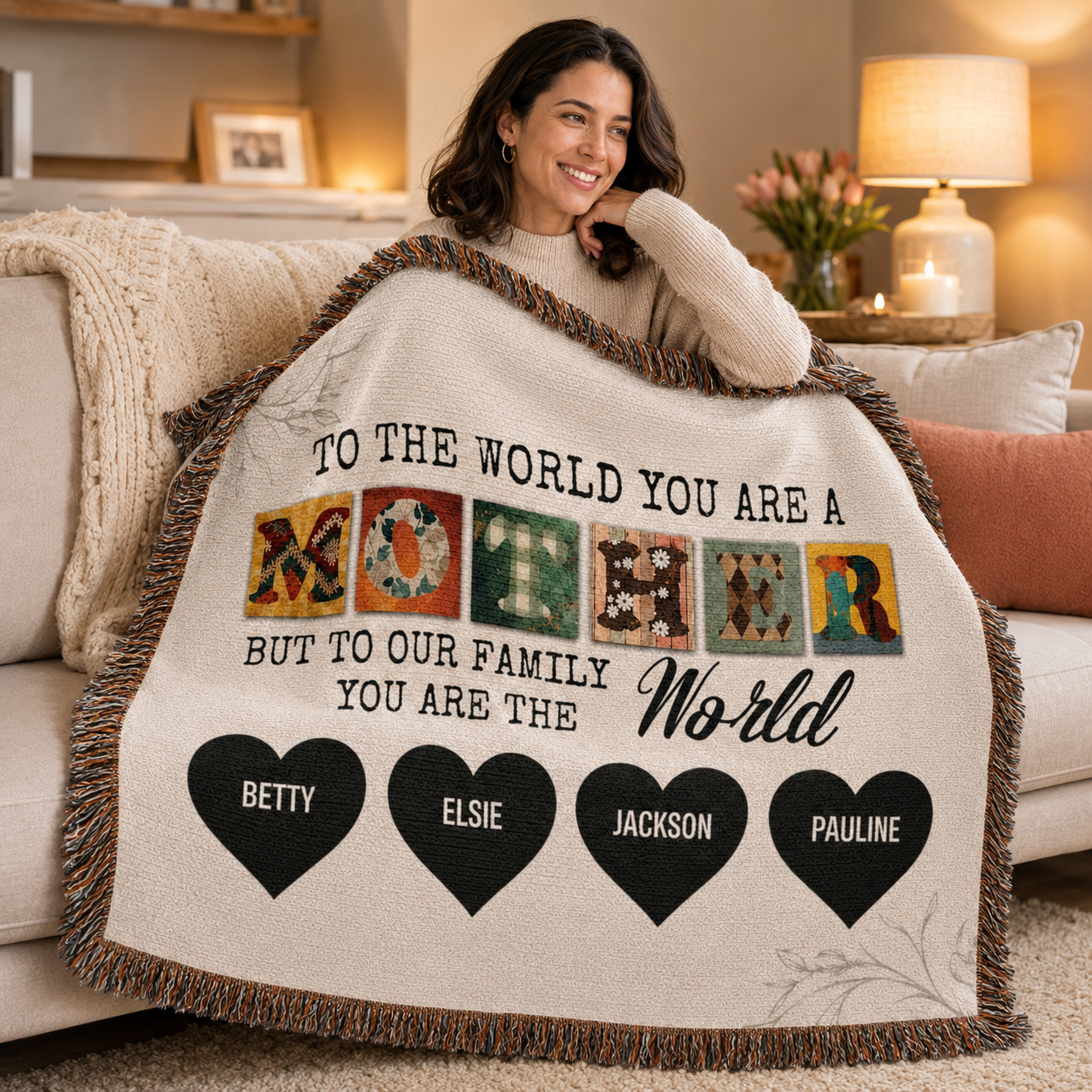 Personalized Woven Blanket for Mom with Kids Names – Custom Mother’s Day Family Throw Blanket, Gift for Mom, Mama, Grandma