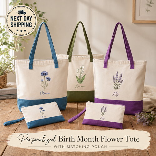 Personalized Birth Flower Tote Bag – Custom Name Canvas Bag Gift for Mom