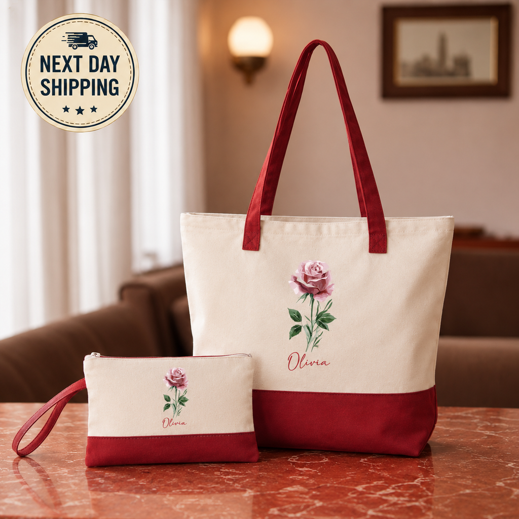 Personalized Birth Flower Tote Bag – Custom Name Canvas Bag Gift for Mom