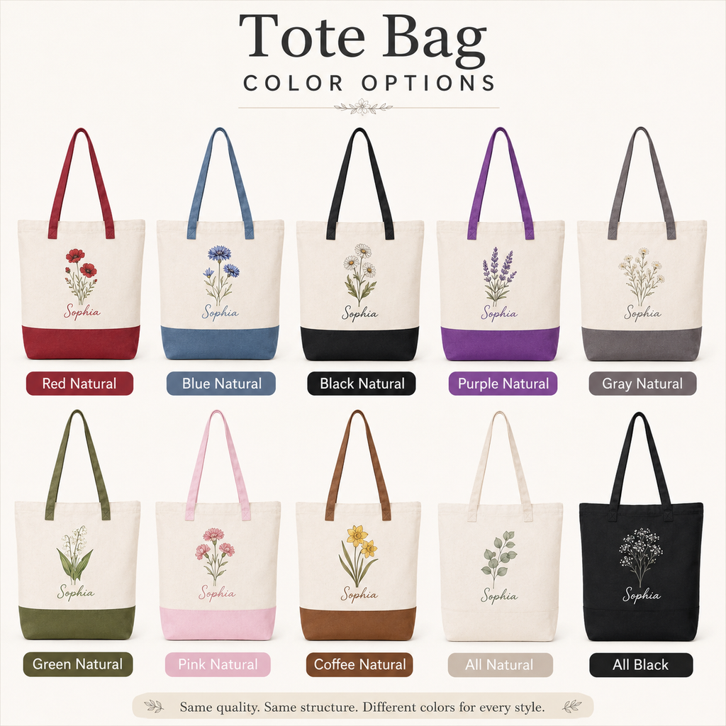 Personalized Birth Flower Tote Bag – Custom Name Canvas Bag Gift for Mom