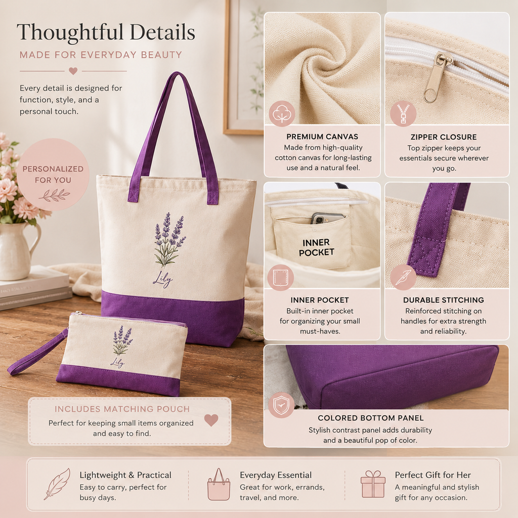 Personalized Birth Flower Tote Bag – Custom Name Canvas Bag Gift for Mom