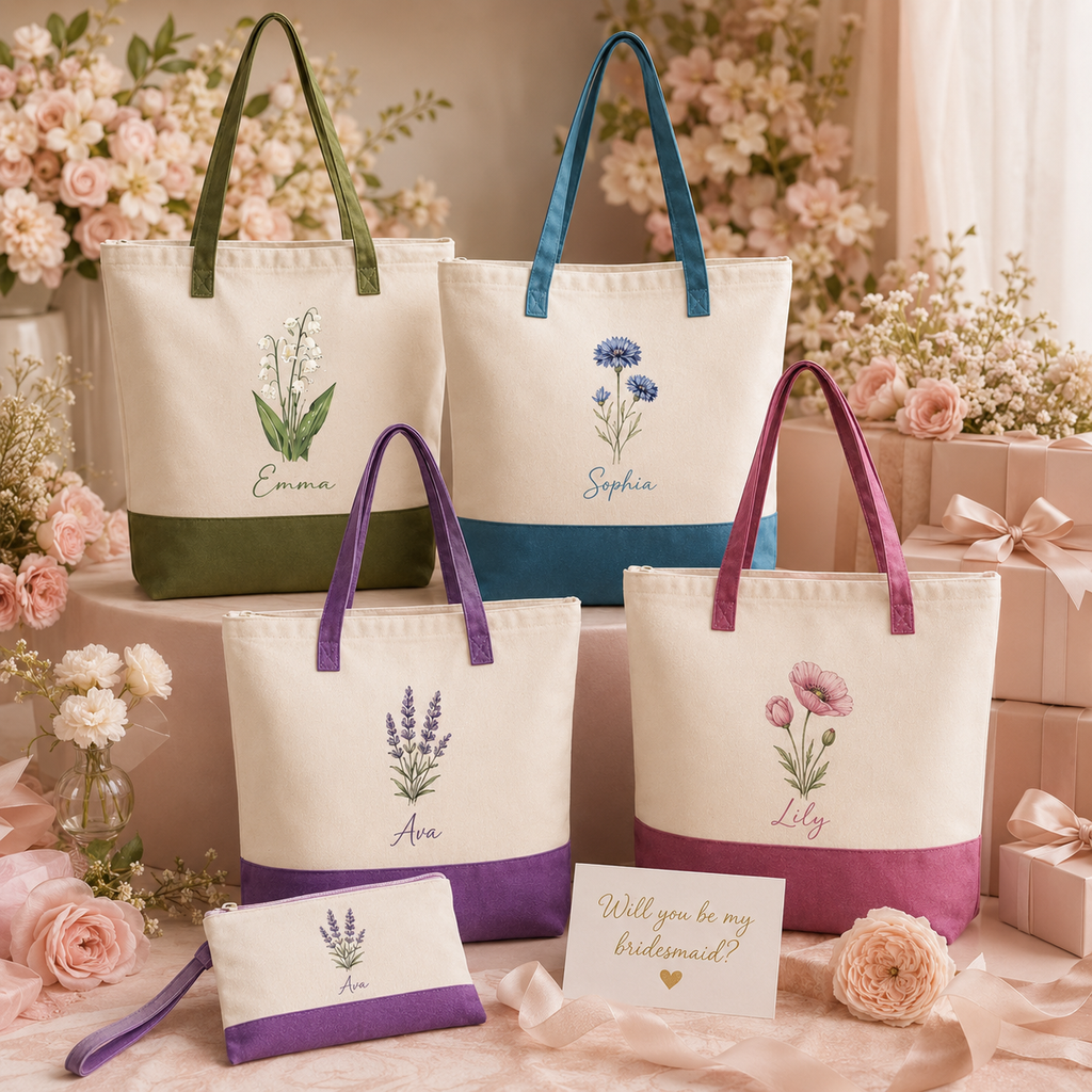 Personalized Birth Flower Tote Bag – Custom Name Canvas Bag Gift for Mom