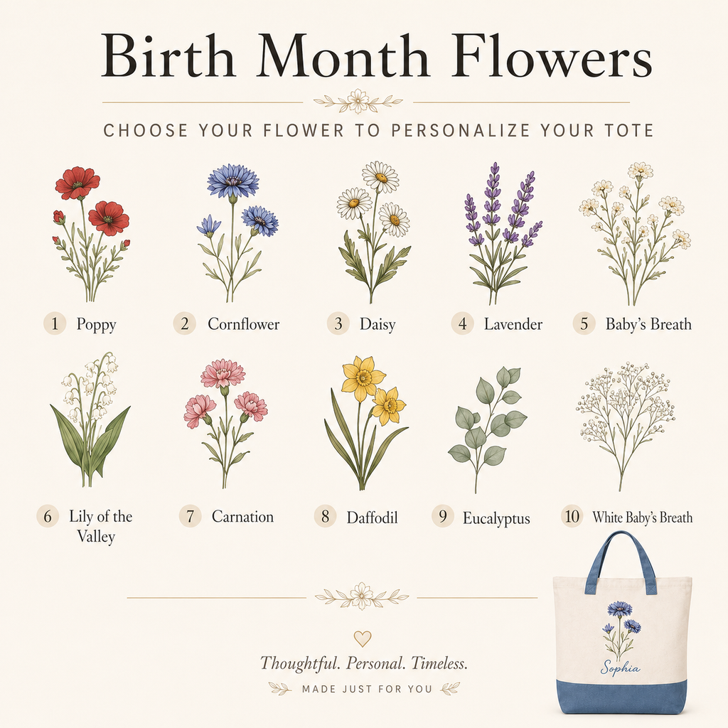 Personalized Birth Flower Tote Bag – Custom Name Canvas Bag Gift for Mom