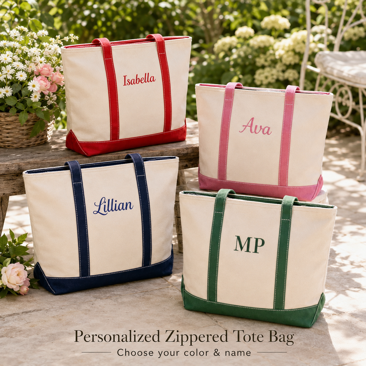 Personalized Zipped Canvas Tote Bag – Custom Name Embroidered Beach Bag Gift for Mom
