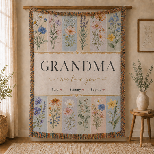 Personalized Mom Birth Flower Woven Blanket - Custom Kids' Names Throw Blanket Gift