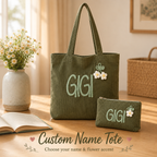 Personalized Corduroy Tote Bag, Custom Name Tote Bag with Crochet Flower, Gift for Mom