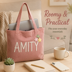 Personalized Corduroy Tote Bag, Custom Name Tote Bag with Crochet Flower, Gift for Mom