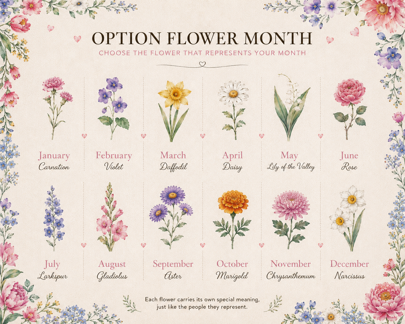 Birth flower month options chart for personalized grandma blanket