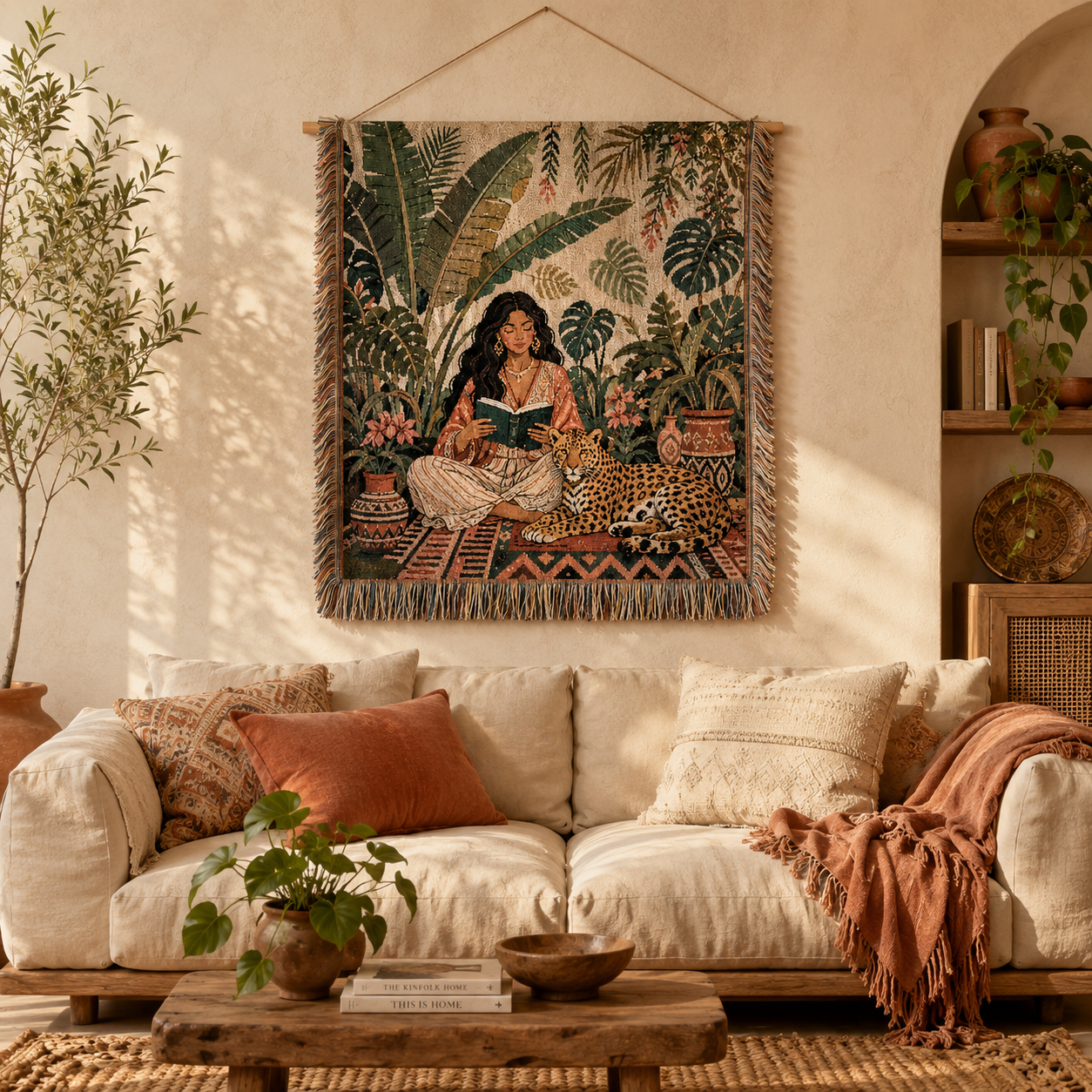 Boho jungle reader woven tapestry displayed above a cream sofa in a warm earthy living room