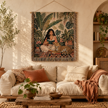 Boho jungle reader woven tapestry displayed above a cream sofa in a warm earthy living room